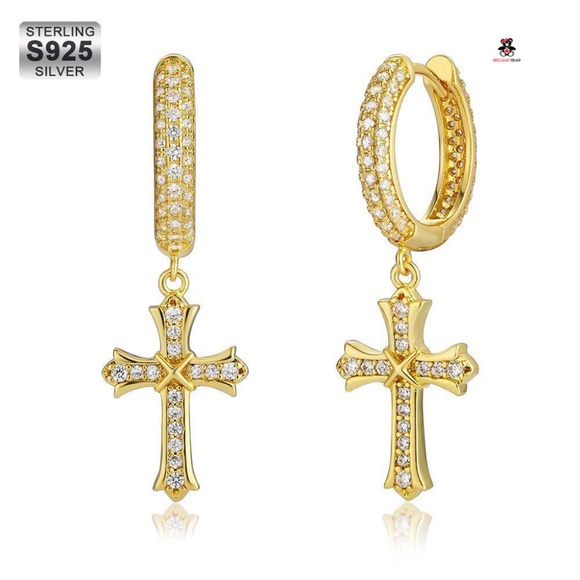 Sterling Silver Mens Cross 18k Gold Vermeil Hoops Earrings. - Picture 1 of 6